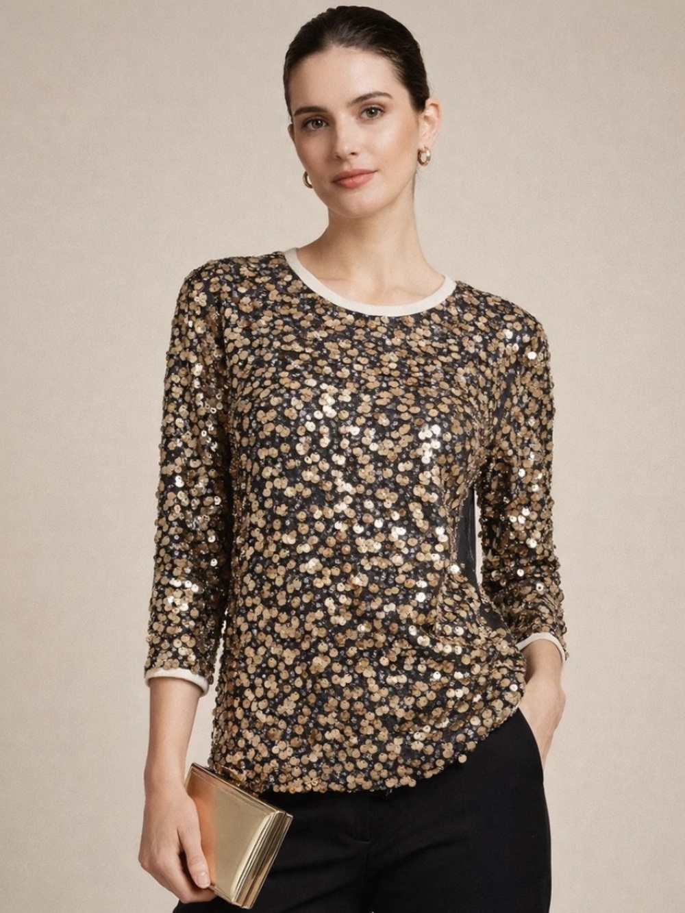 Diane Von Furstenberg Long-Sleeve Top in Gold and Black
